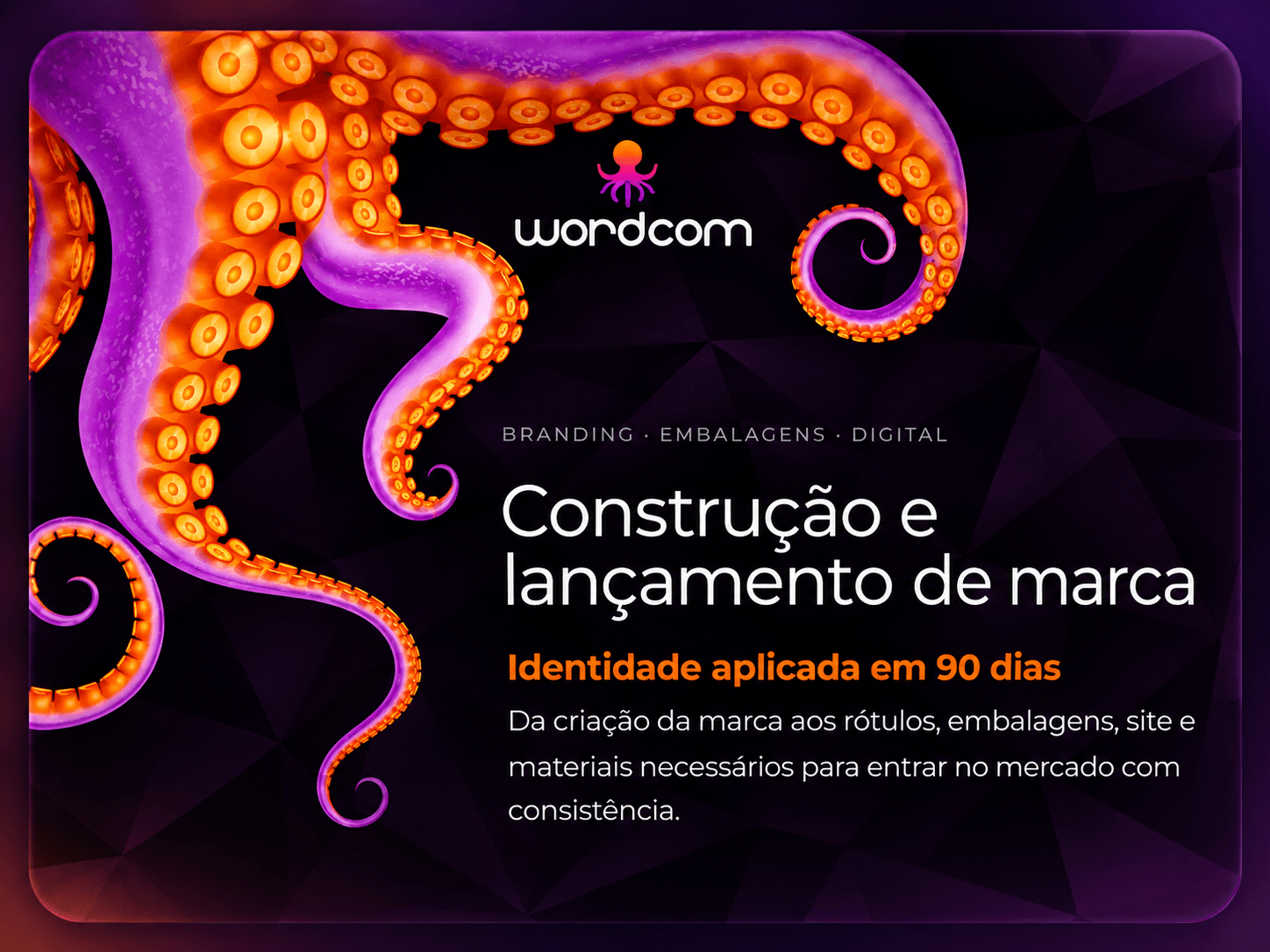 Case: Construção e lançamento de marca. Frentes: branding, embalagens e digital. Identidade aplicada em 90 dias. Da criação da marca aos rótulos, embalagens, site e materiais necessários para entrar no mercado com consistência.